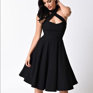 Unique Vintage Black 1950’s Criss Cross Halter Flare Rita Dress